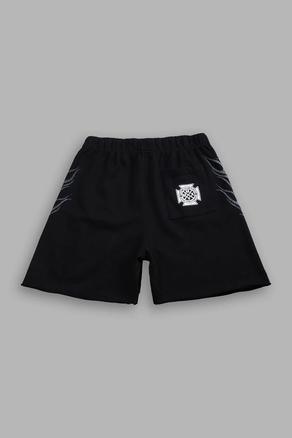 RACE INFERNO GRUNGE OVERSIZED RAW HEM POST LOUNGE SWEAT SHORTS IN BLACK
