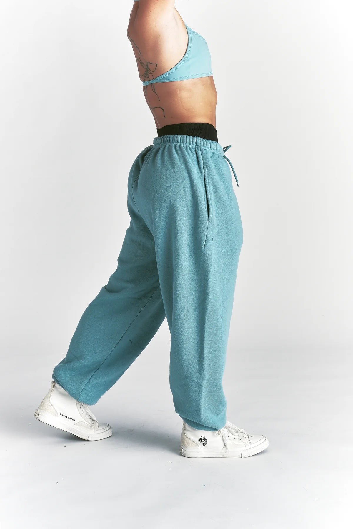 CURSIVE WOLVES PREMIUM LOUNGER SWEAT PANTS IN DUSTY TURQUOISE