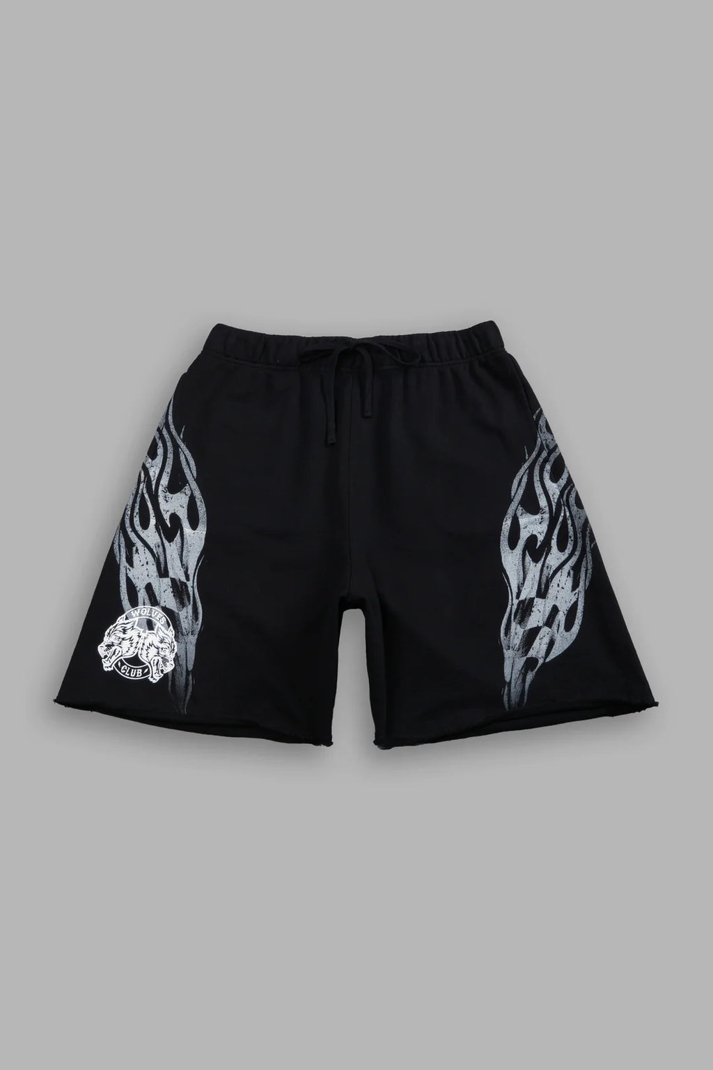 RACE INFERNO GRUNGE OVERSIZED RAW HEM POST LOUNGE SWEAT SHORTS IN BLACK