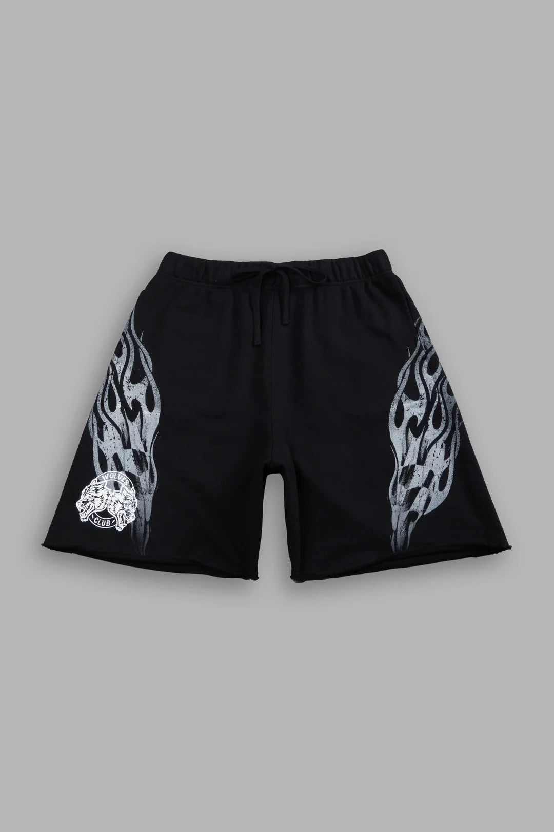 RACE INFERNO GRUNGE OVERSIZED RAW HEM POST LOUNGE SWEAT SHORTS IN BLACK
