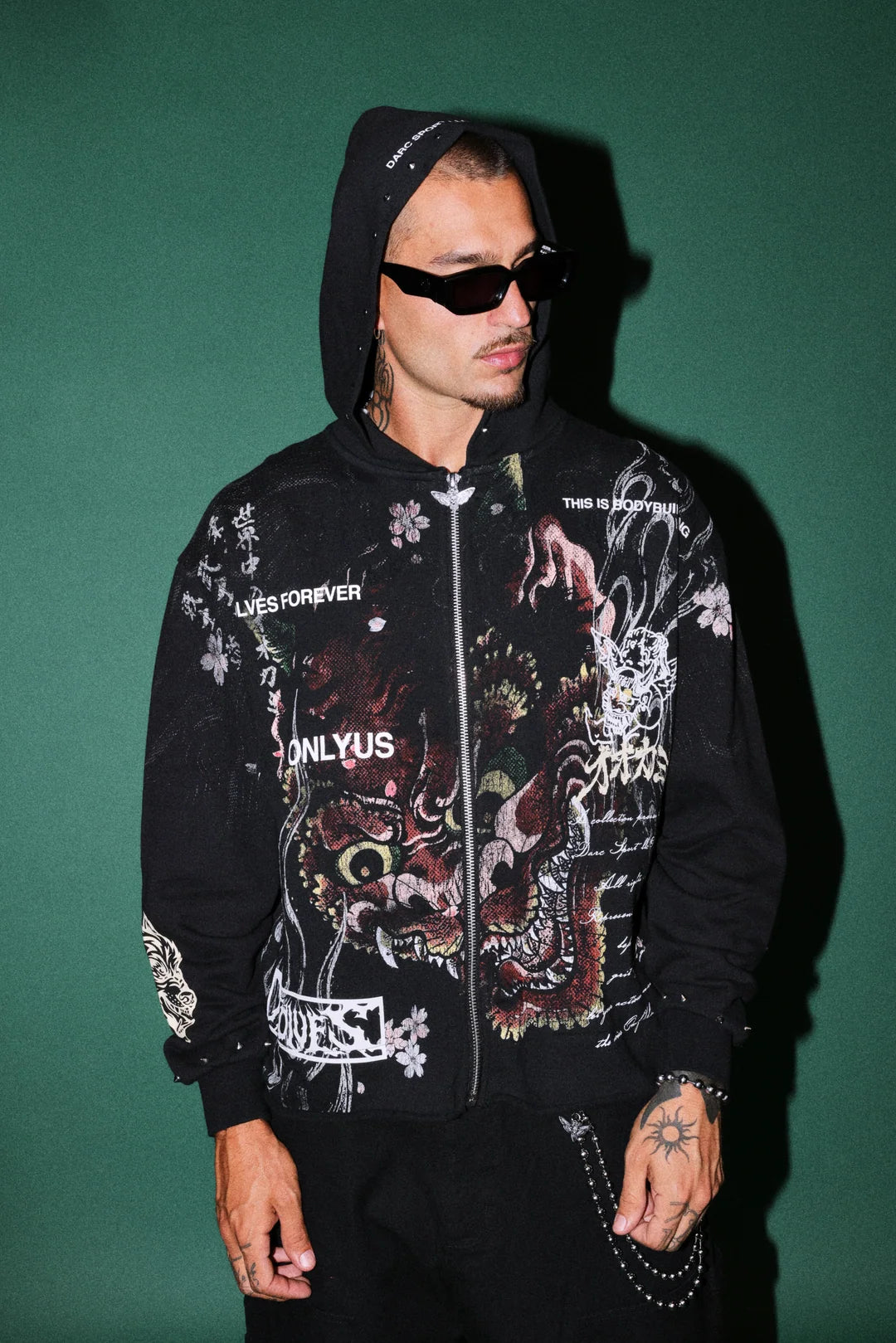 SHUTENDOJI DISTRESSED GRUNGE MID LENGTH RAW HEM ZIP HOODIE IN BLACK