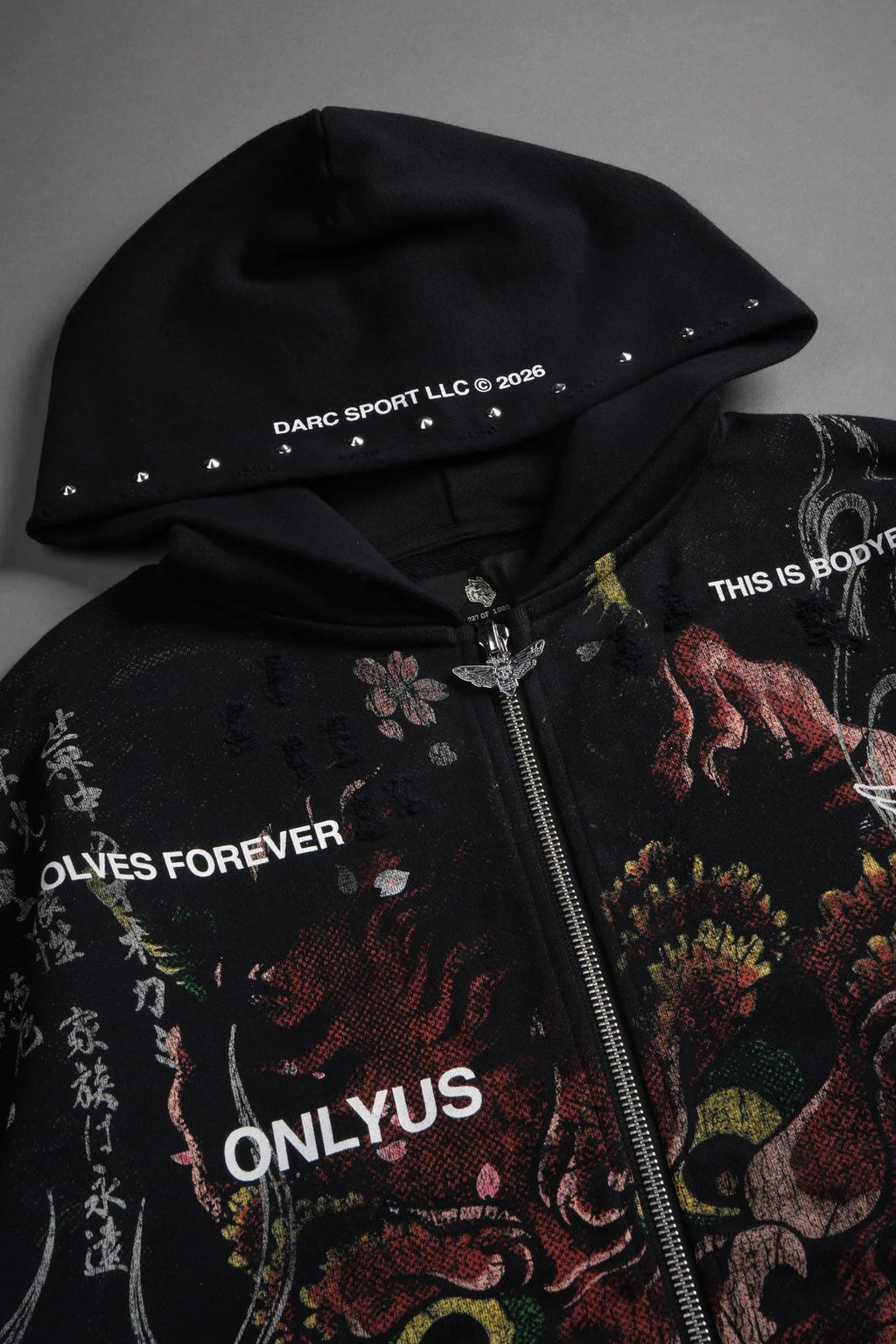 SHUTENDOJI DISTRESSED GRUNGE MID LENGTH RAW HEM ZIP HOODIE IN BLACK