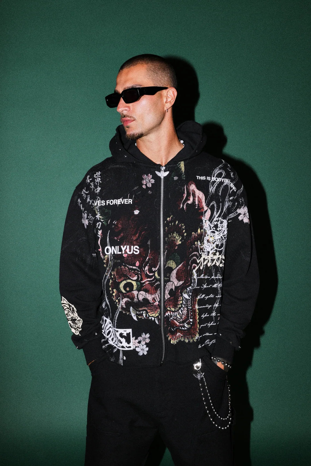 SHUTENDOJI DISTRESSED GRUNGE MID LENGTH RAW HEM ZIP HOODIE IN BLACK