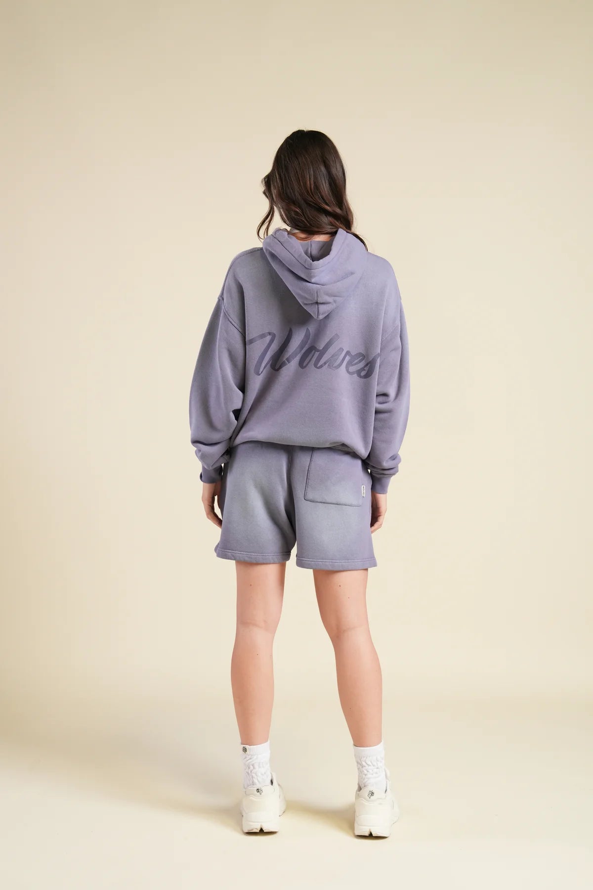 BACK CURSIVE WOLVES "PIERCE" HOODIE IN IRIS SUN FADE