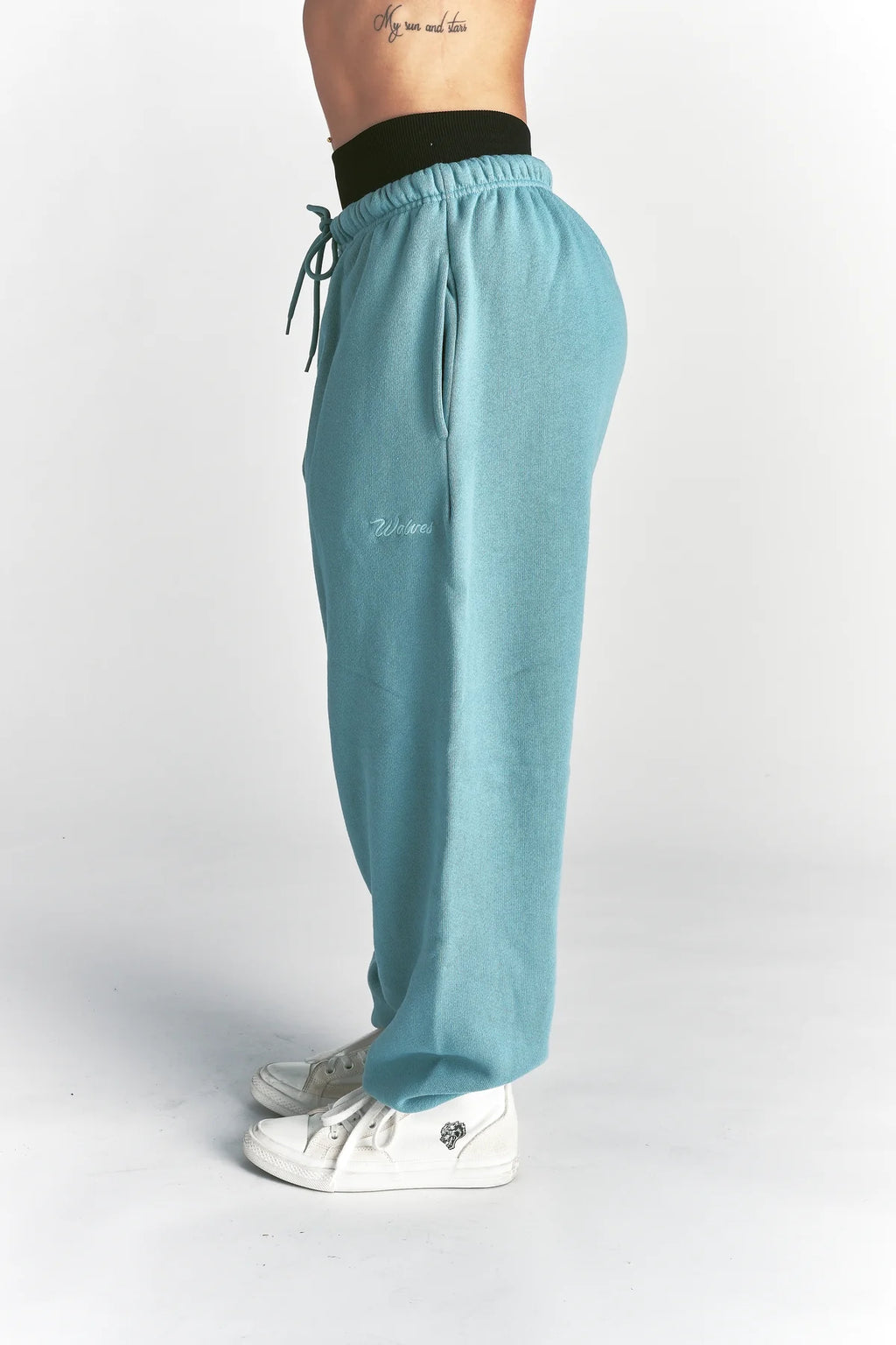 CURSIVE WOLVES PREMIUM LOUNGER SWEAT PANTS IN DUSTY TURQUOISE