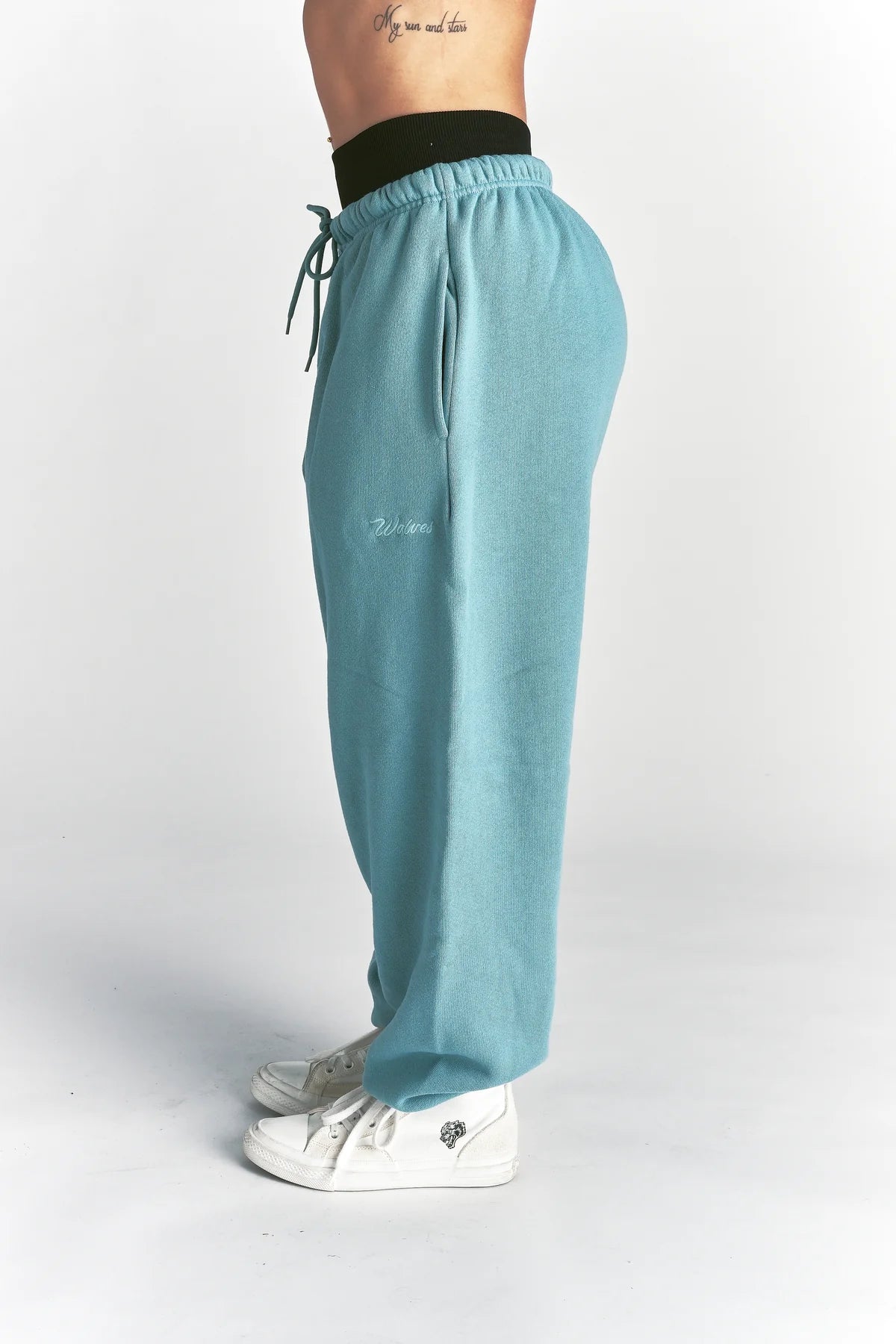 CURSIVE WOLVES PREMIUM LOUNGER SWEAT PANTS IN DUSTY TURQUOISE
