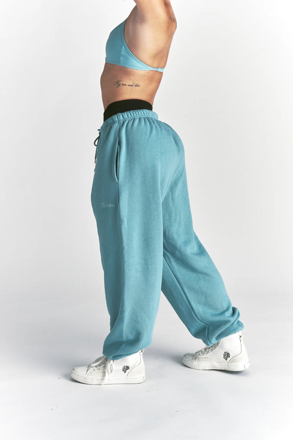 CURSIVE WOLVES PREMIUM LOUNGER SWEAT PANTS IN DUSTY TURQUOISE