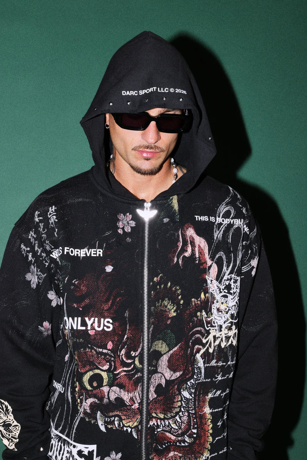 SHUTENDOJI DISTRESSED GRUNGE MID LENGTH RAW HEM ZIP HOODIE IN BLACK