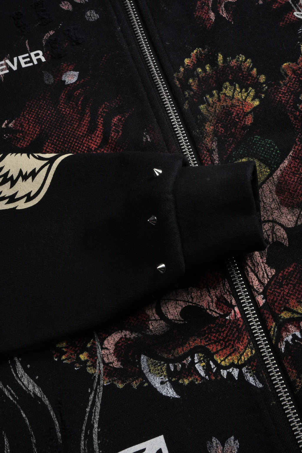 SHUTENDOJI DISTRESSED GRUNGE MID LENGTH RAW HEM ZIP HOODIE IN BLACK