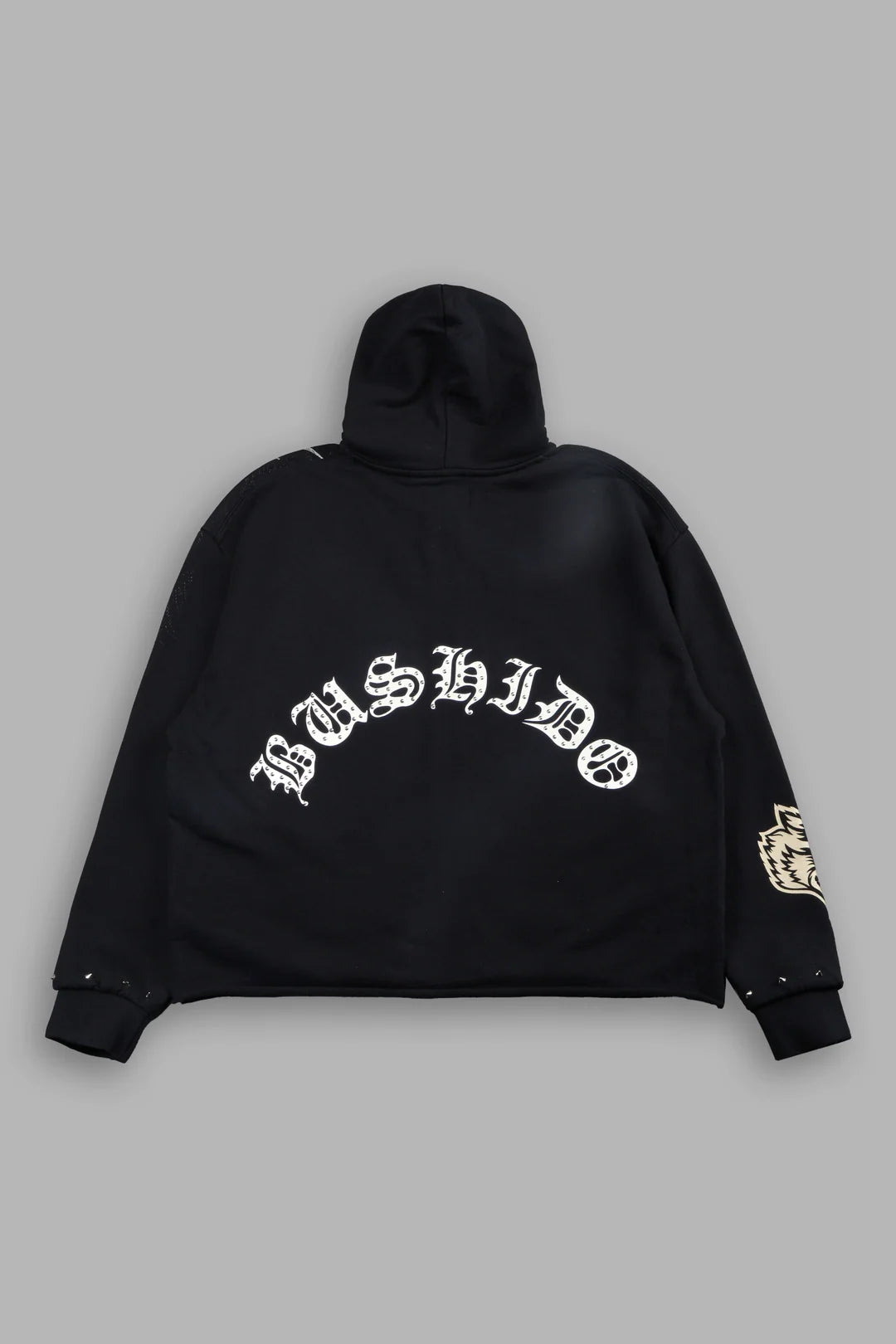 SHUTENDOJI DISTRESSED GRUNGE MID LENGTH RAW HEM ZIP HOODIE IN BLACK