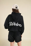 BACK CURSIVE WOLVES "PIERCE" HOODIE IN BLACK SUN FADE