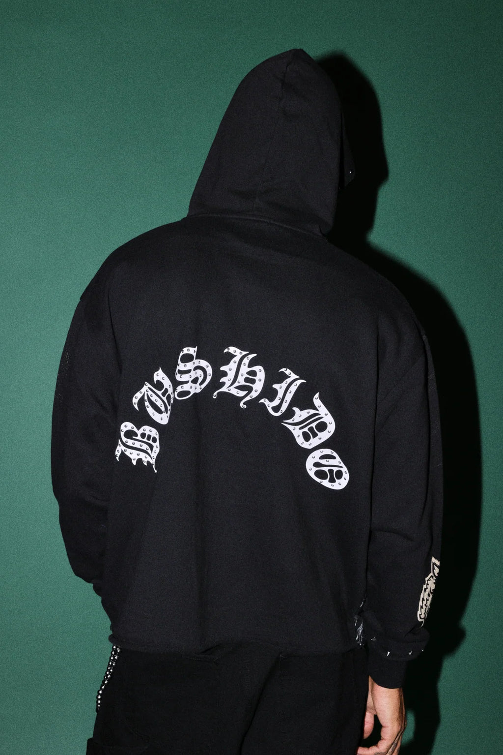 SHUTENDOJI DISTRESSED GRUNGE MID LENGTH RAW HEM ZIP HOODIE IN BLACK