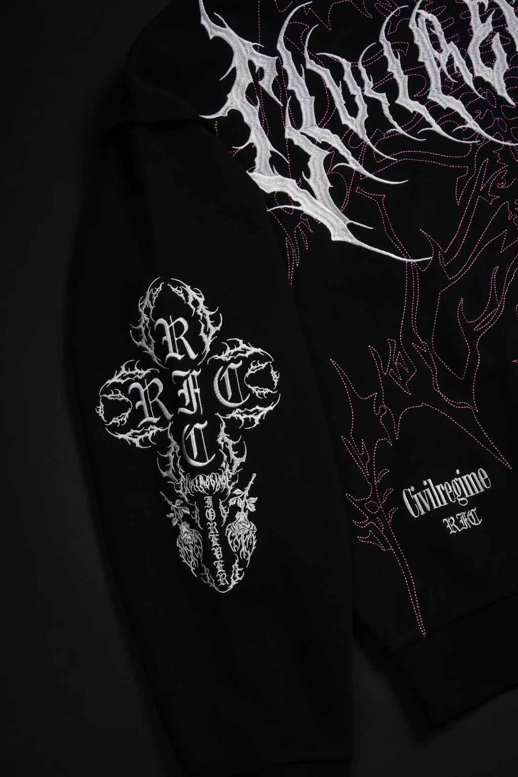 SURGING THROUGH THE BLOSSOMS OUTLIERS DISTRESSED ZIP UP HOODIE IN BLACK