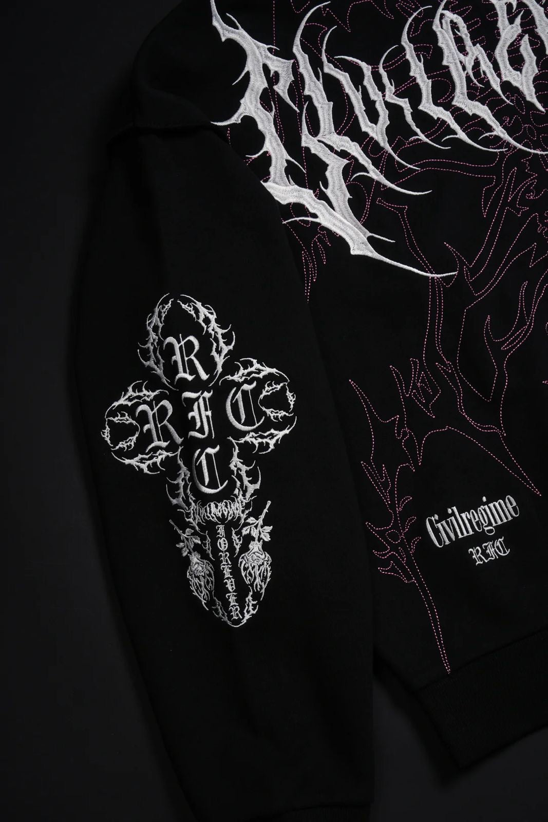 SURGING THROUGH THE BLOSSOMS OUTLIERS DISTRESSED ZIP UP HOODIE IN BLACK