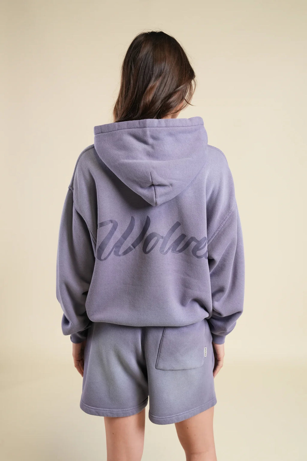 BACK CURSIVE WOLVES "PIERCE" HOODIE IN IRIS SUN FADE