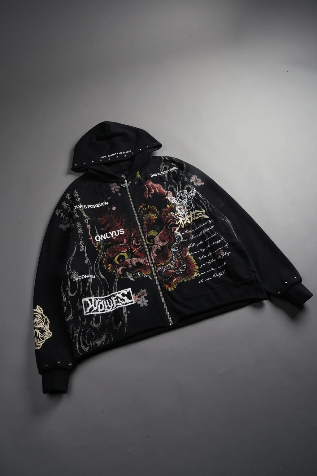 SHUTENDOJI DISTRESSED GRUNGE MID LENGTH RAW HEM ZIP HOODIE IN BLACK