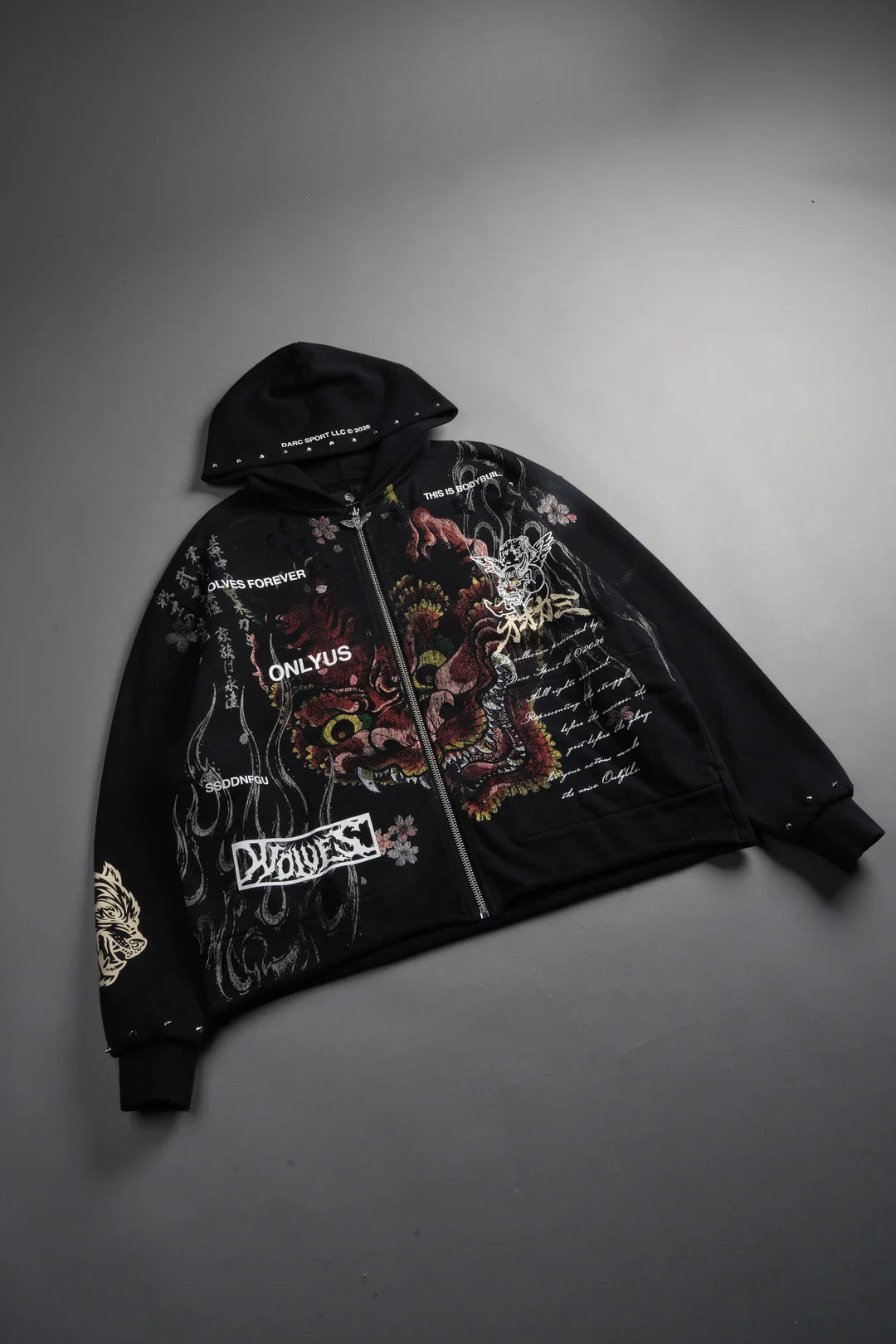 SHUTENDOJI DISTRESSED GRUNGE MID LENGTH RAW HEM ZIP HOODIE IN BLACK