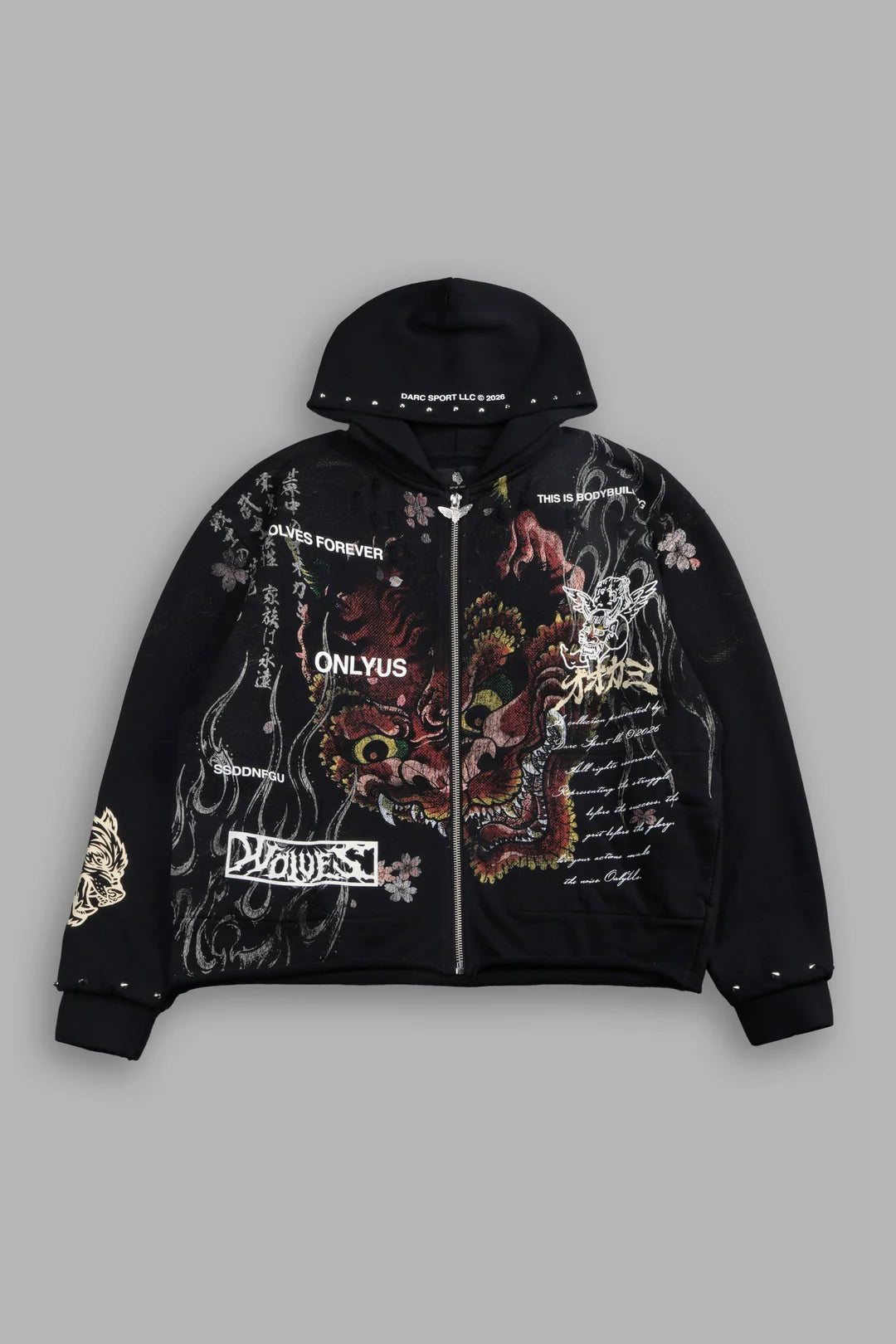 SHUTENDOJI DISTRESSED GRUNGE MID LENGTH RAW HEM ZIP HOODIE IN BLACK