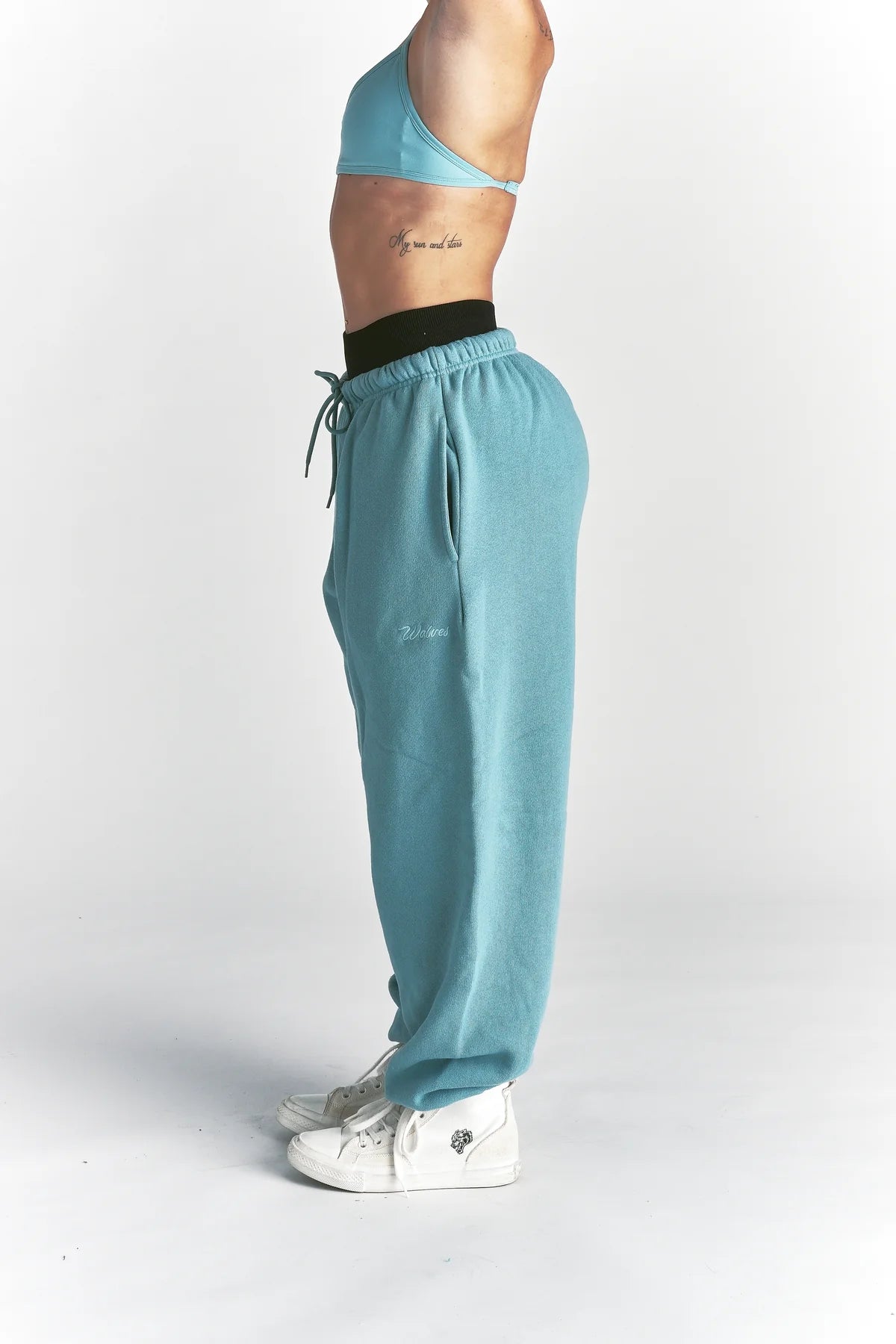 CURSIVE WOLVES PREMIUM LOUNGER SWEAT PANTS IN DUSTY TURQUOISE