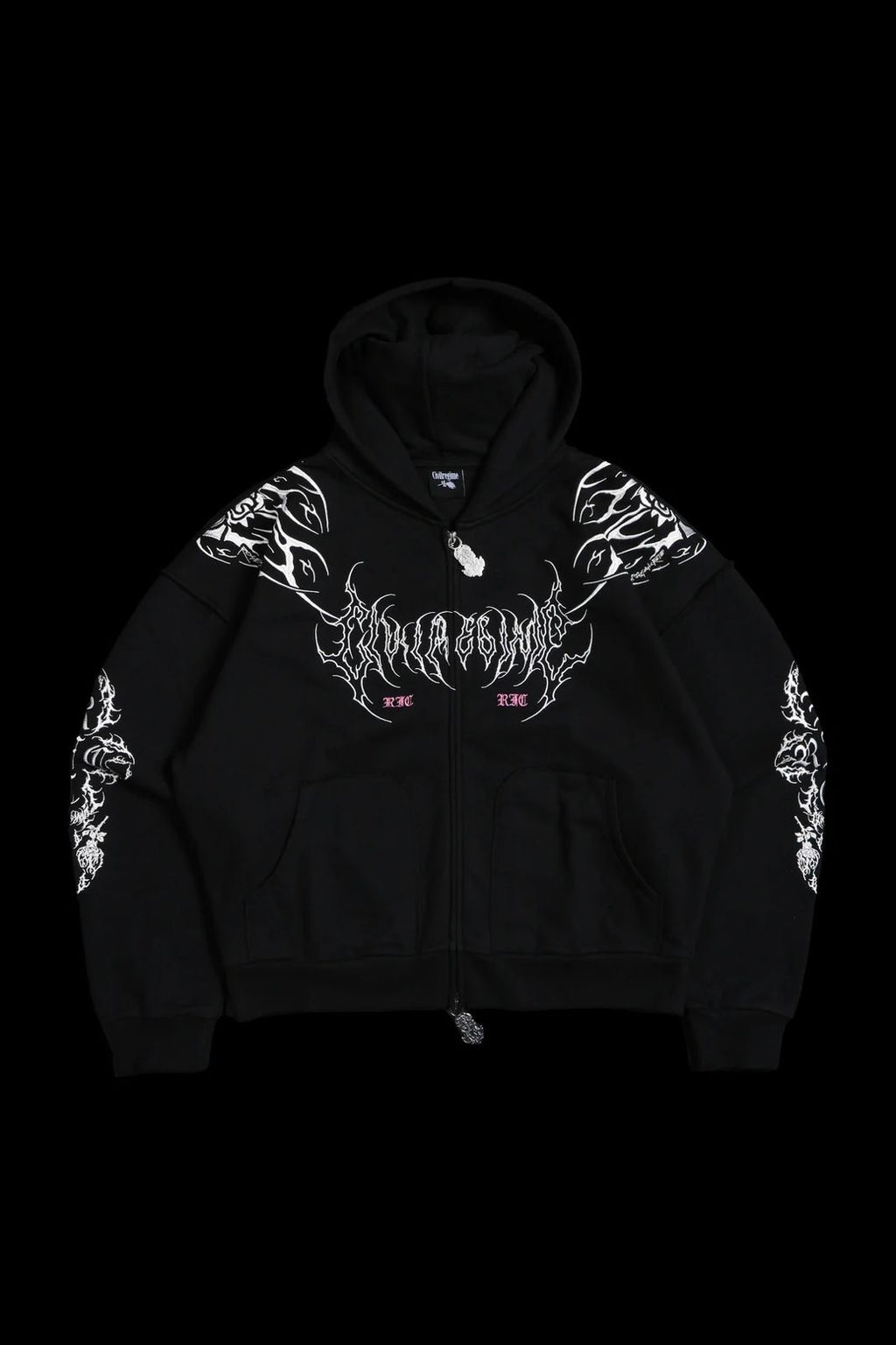 SURGING THROUGH THE BLOSSOMS OUTLIERS DISTRESSED ZIP UP HOODIE IN BLACK