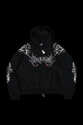 SURGING THROUGH THE BLOSSOMS OUTLIERS DISTRESSED ZIP UP HOODIE IN BLACK