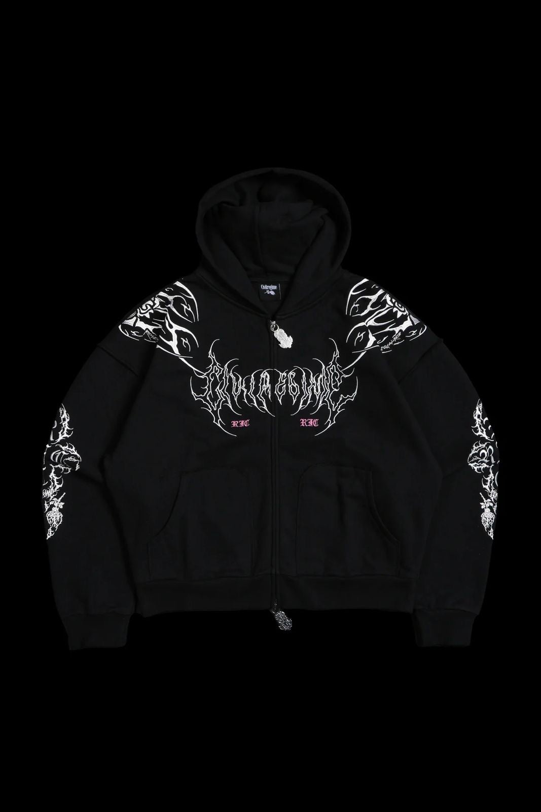 SURGING THROUGH THE BLOSSOMS OUTLIERS DISTRESSED ZIP UP HOODIE IN BLACK