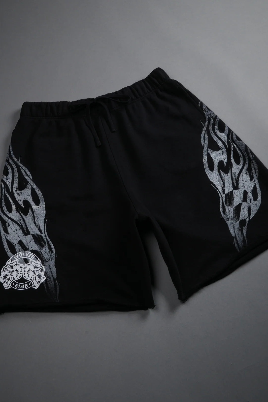 RACE INFERNO GRUNGE OVERSIZED RAW HEM POST LOUNGE SWEAT SHORTS IN BLACK