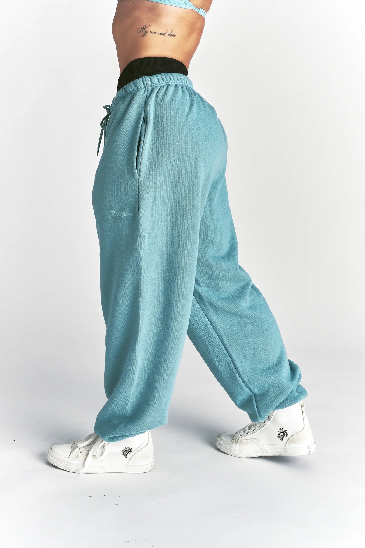 CURSIVE WOLVES PREMIUM LOUNGER SWEAT PANTS IN DUSTY TURQUOISE