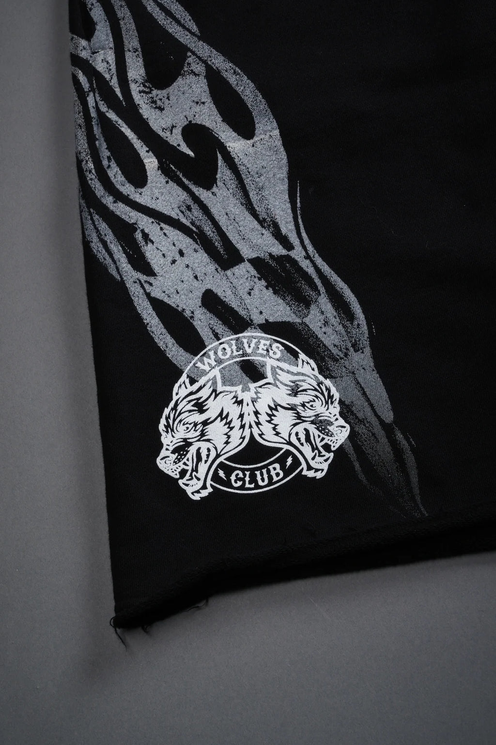 RACE INFERNO GRUNGE OVERSIZED RAW HEM POST LOUNGE SWEAT SHORTS IN BLACK