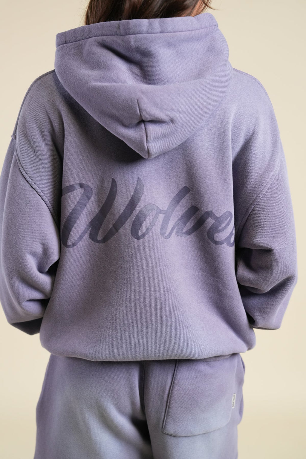 BACK CURSIVE WOLVES "PIERCE" HOODIE IN IRIS SUN FADE