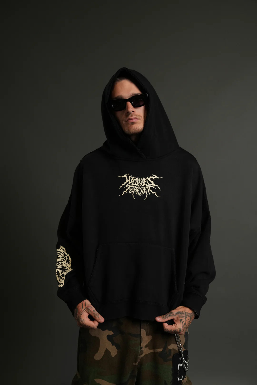 SLASHER DESTROYED GRUNGE "GAGE BOX CUT" HOODIE IN BLACK DRIFT WASH
