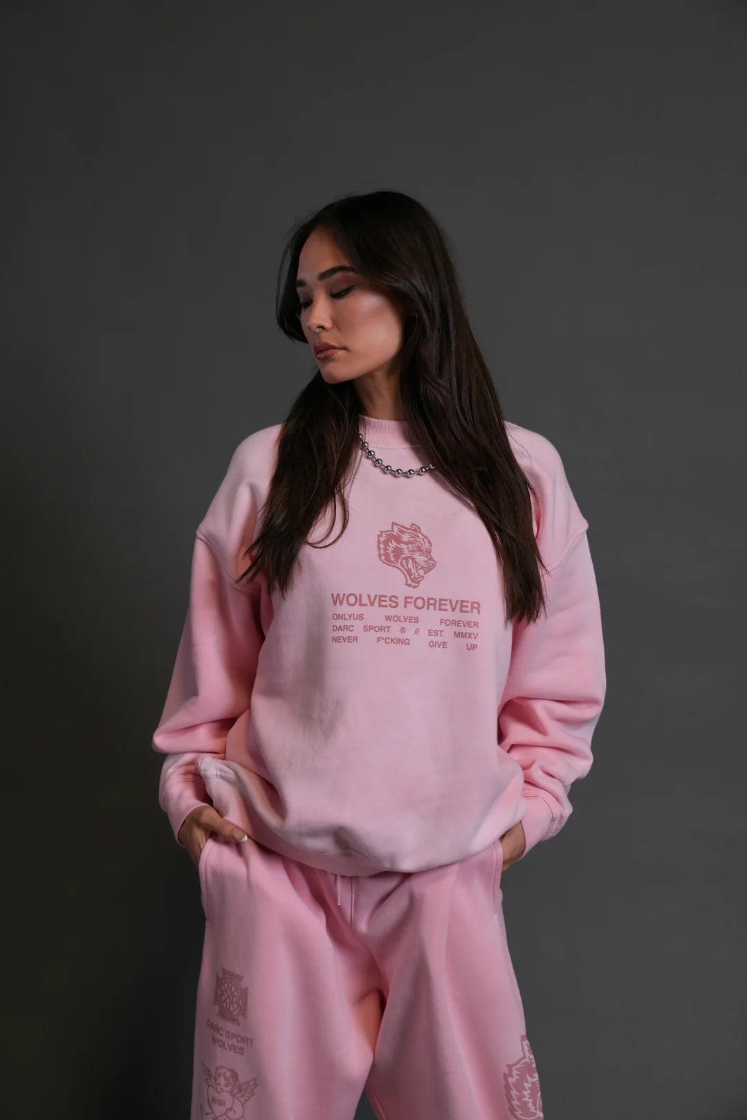 WOLVES HAVE YOUR BACK LONDON UNISEX CREWNECK IN CHERRY BLOSSOM HALO WASH