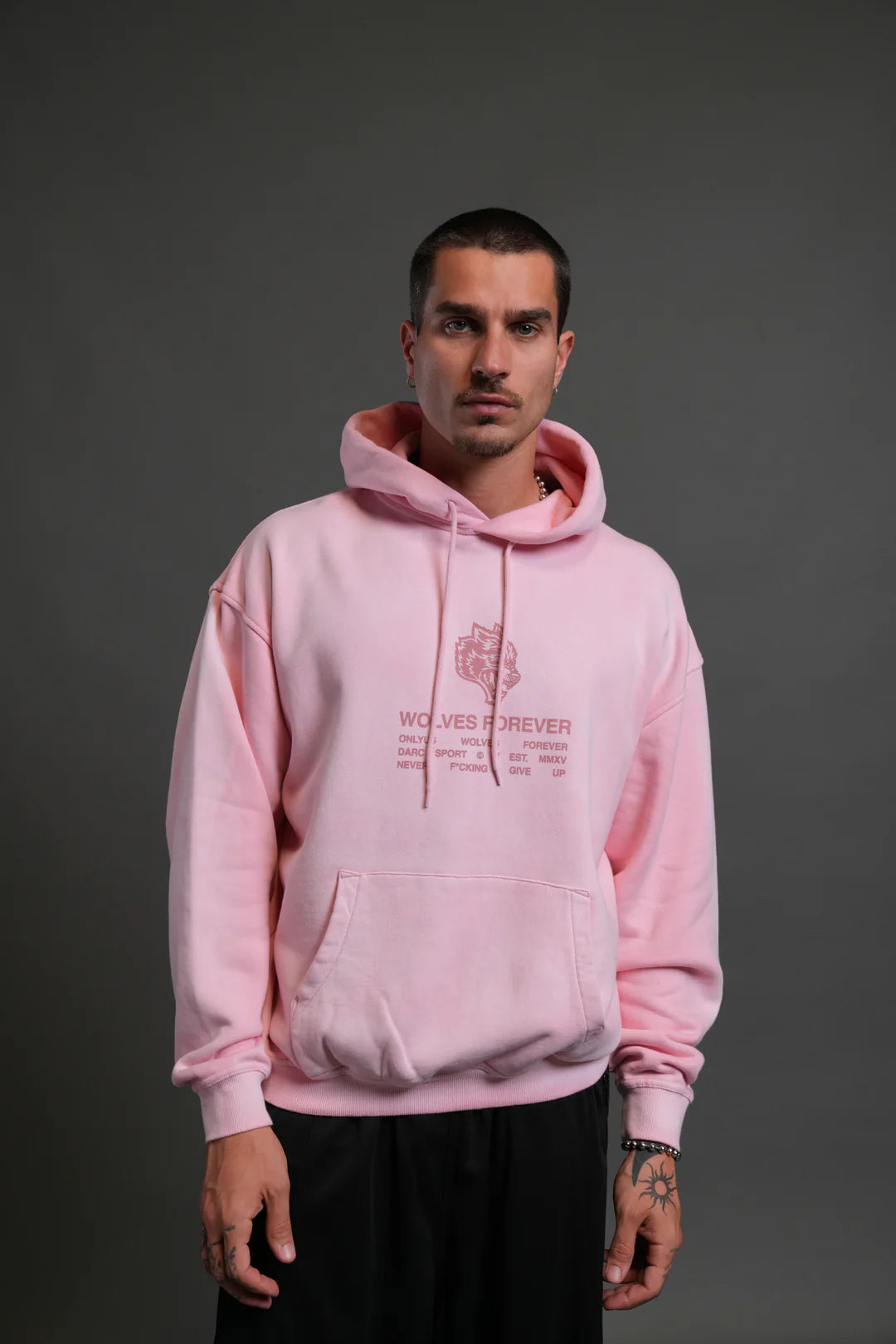 WOLVES HAVE YOUR BACK UNISEX "BISHOP" HOODIE IN CHERRY BLOSSOM HALO WASH