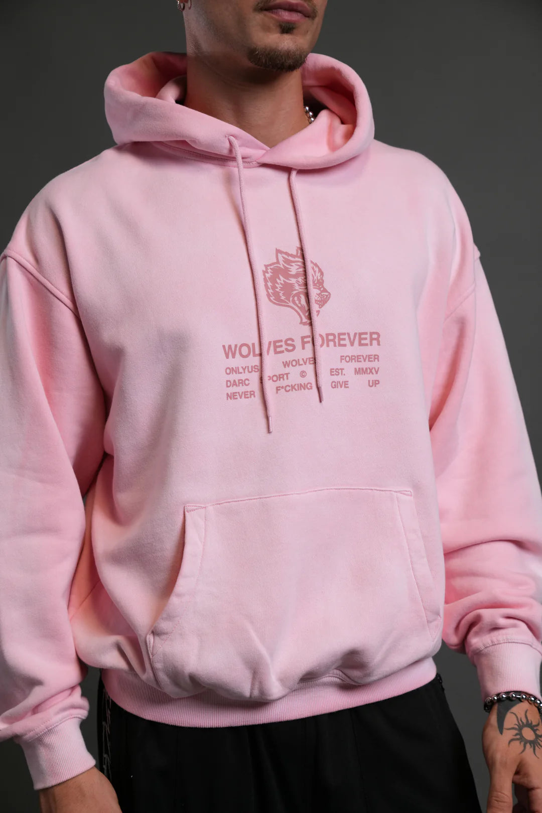 WOLVES HAVE YOUR BACK UNISEX "BISHOP" HOODIE IN CHERRY BLOSSOM HALO WASH