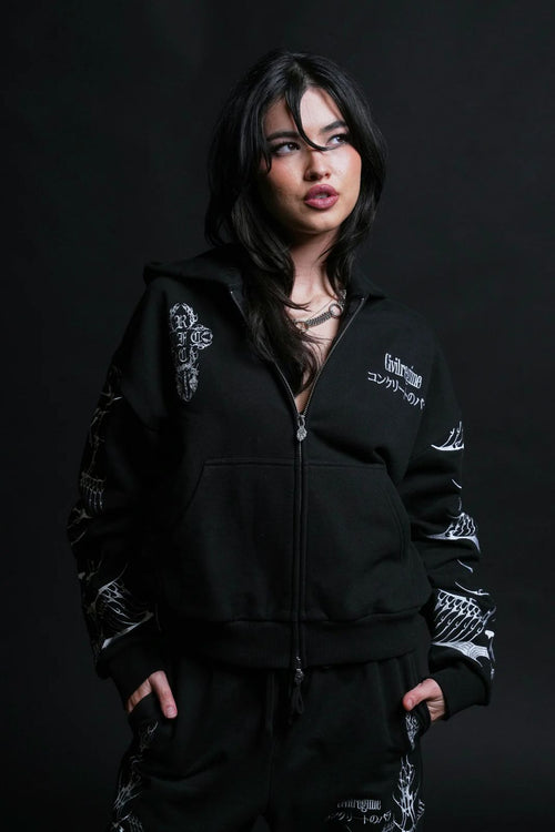 BANKAI BRIGADE OUTLIERS DISTRESSED ZIP UP HOODIE IN BLACK