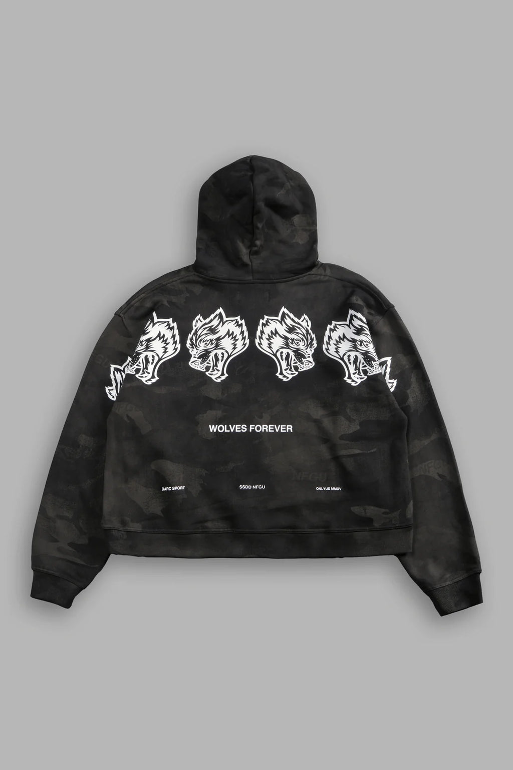 WOLVES HAVE YOUR BACK UNISEX "BOX CUT" PIERCE HOODIE IN BLACK VINTAGE WOODLAND CAMO
