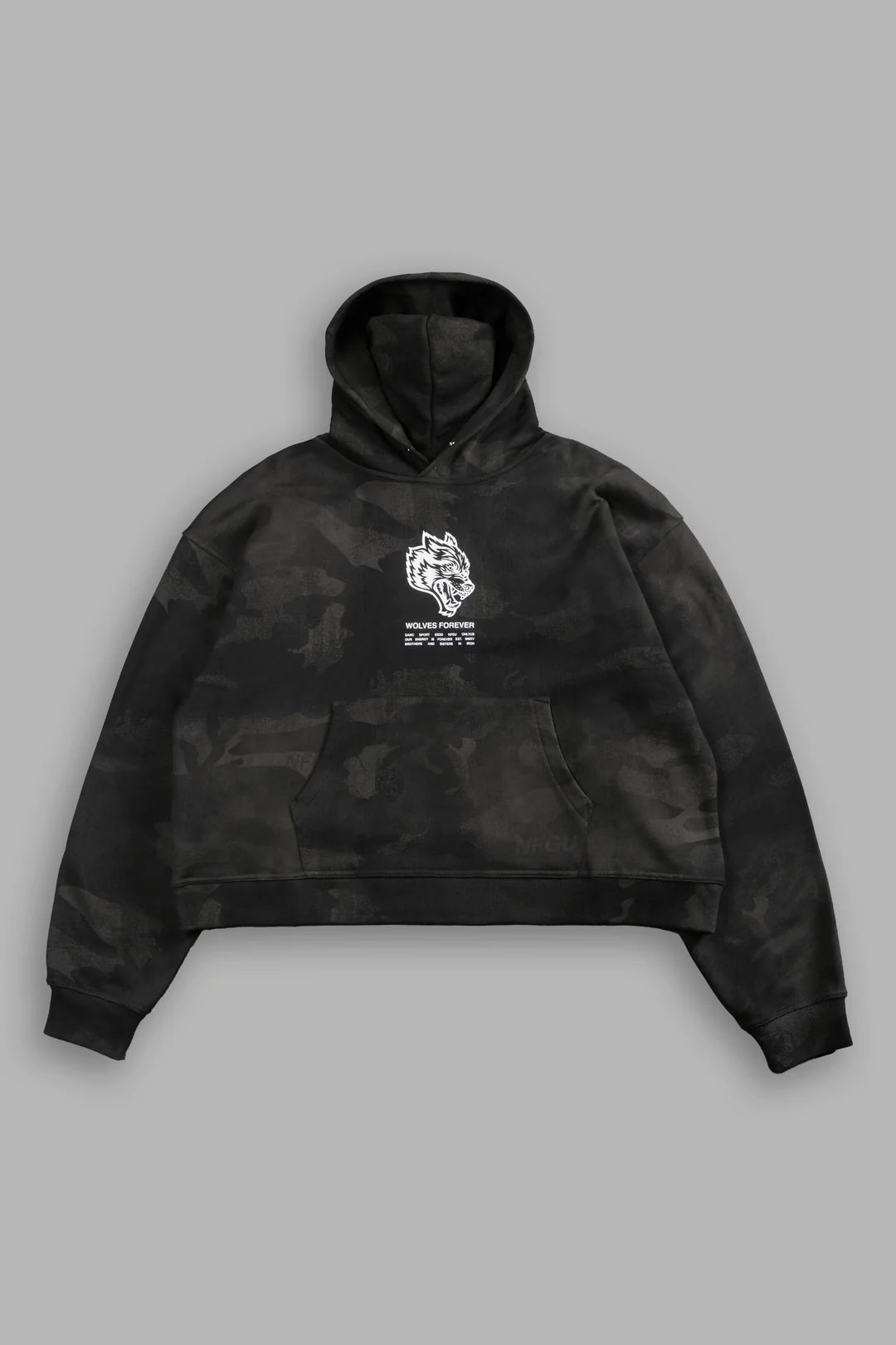 WOLVES HAVE YOUR BACK UNISEX "BOX CUT" PIERCE HOODIE IN BLACK VINTAGE WOODLAND CAMO