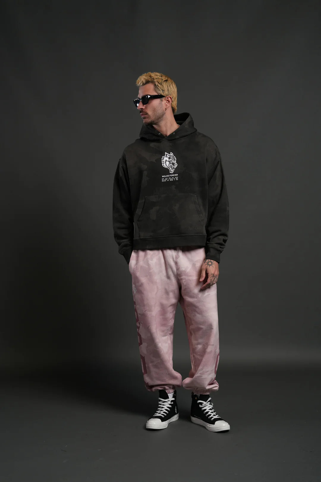WOLVES HAVE YOUR BACK UNISEX "BOX CUT" PIERCE HOODIE IN BLACK VINTAGE WOODLAND CAMO