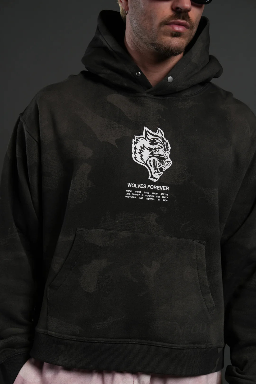 WOLVES HAVE YOUR BACK UNISEX "BOX CUT" PIERCE HOODIE IN BLACK VINTAGE WOODLAND CAMO