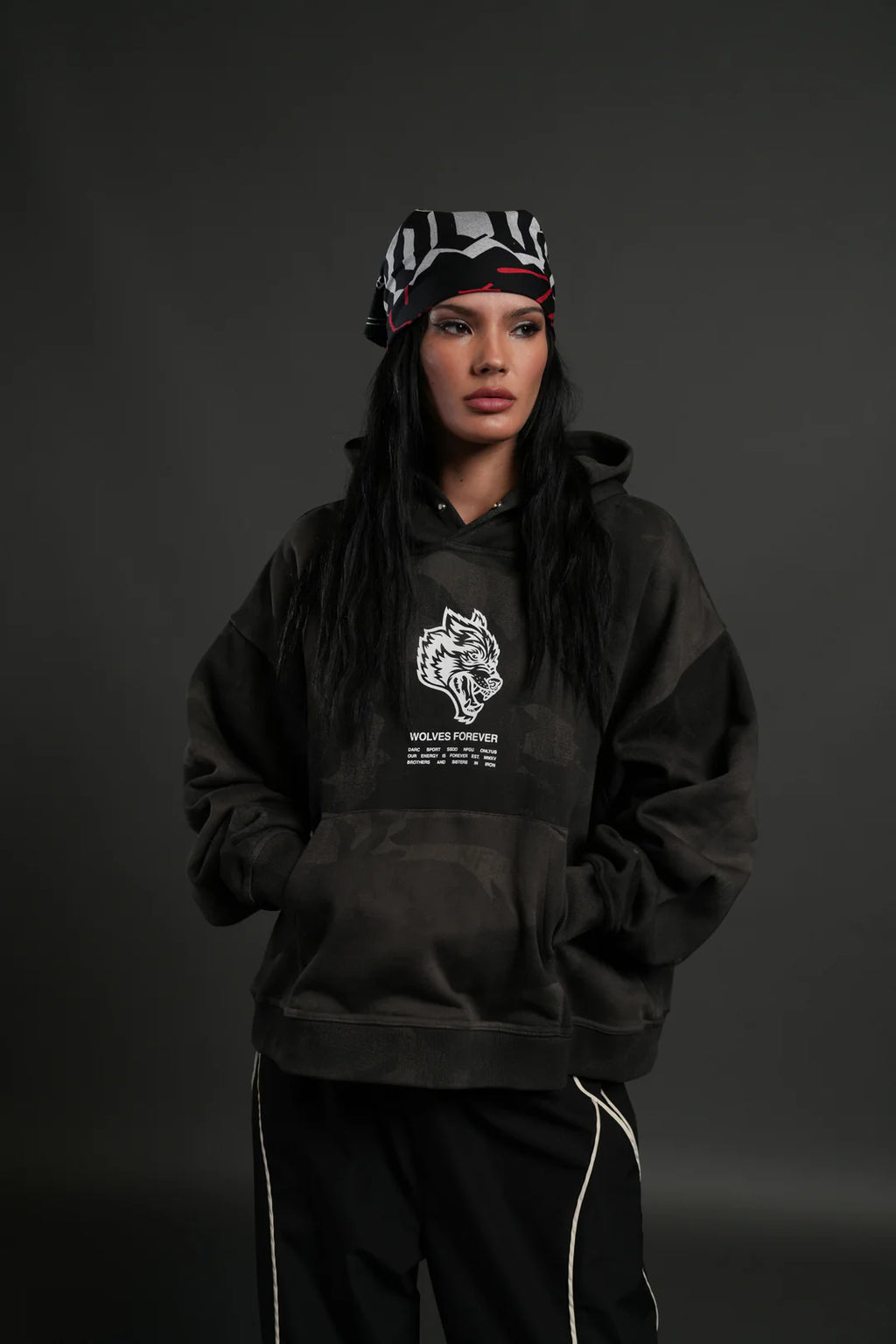 WOLVES HAVE YOUR BACK UNISEX "BOX CUT" PIERCE HOODIE IN BLACK VINTAGE WOODLAND CAMO