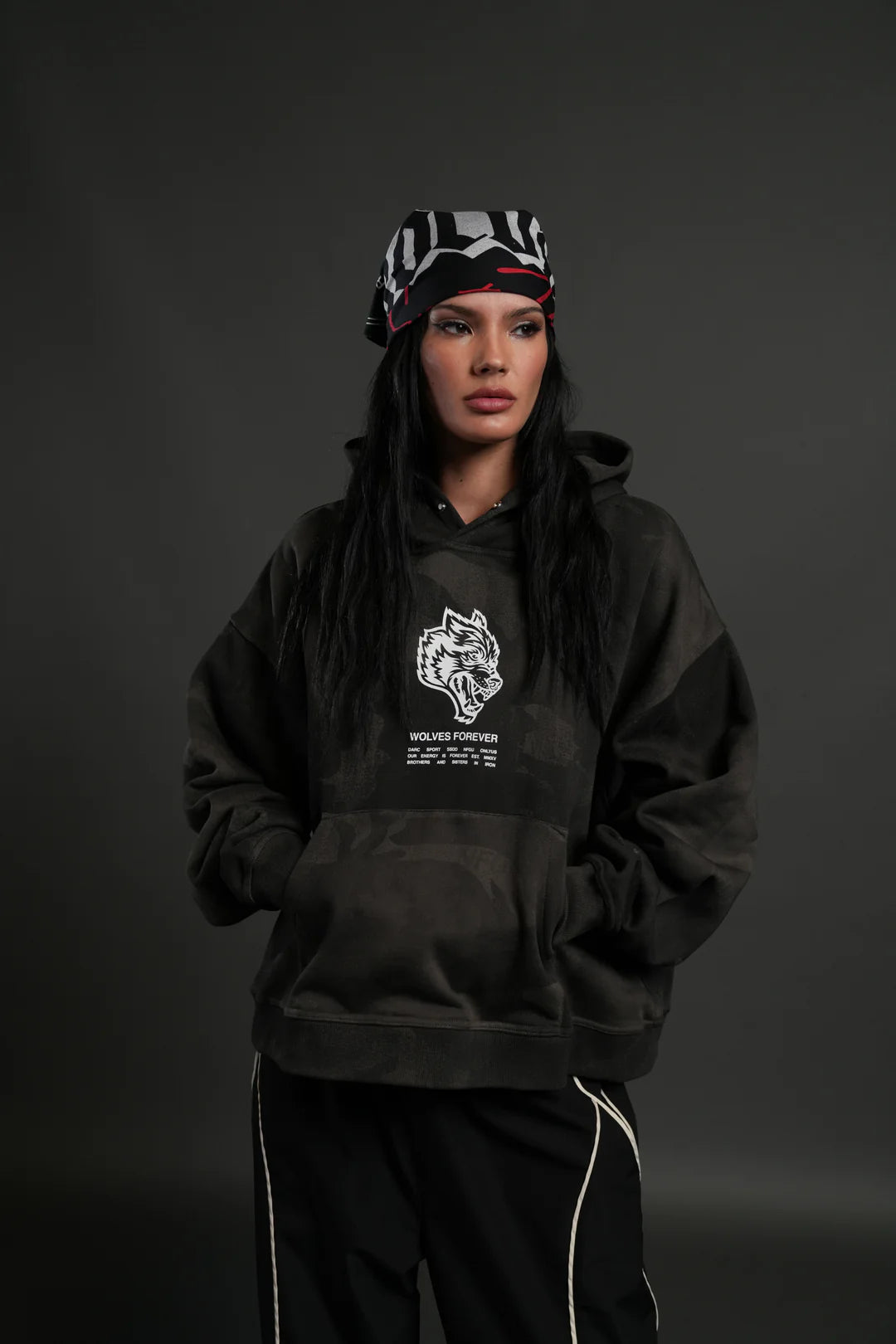 WOLVES HAVE YOUR BACK UNISEX "BOX CUT" PIERCE HOODIE IN BLACK VINTAGE WOODLAND CAMO