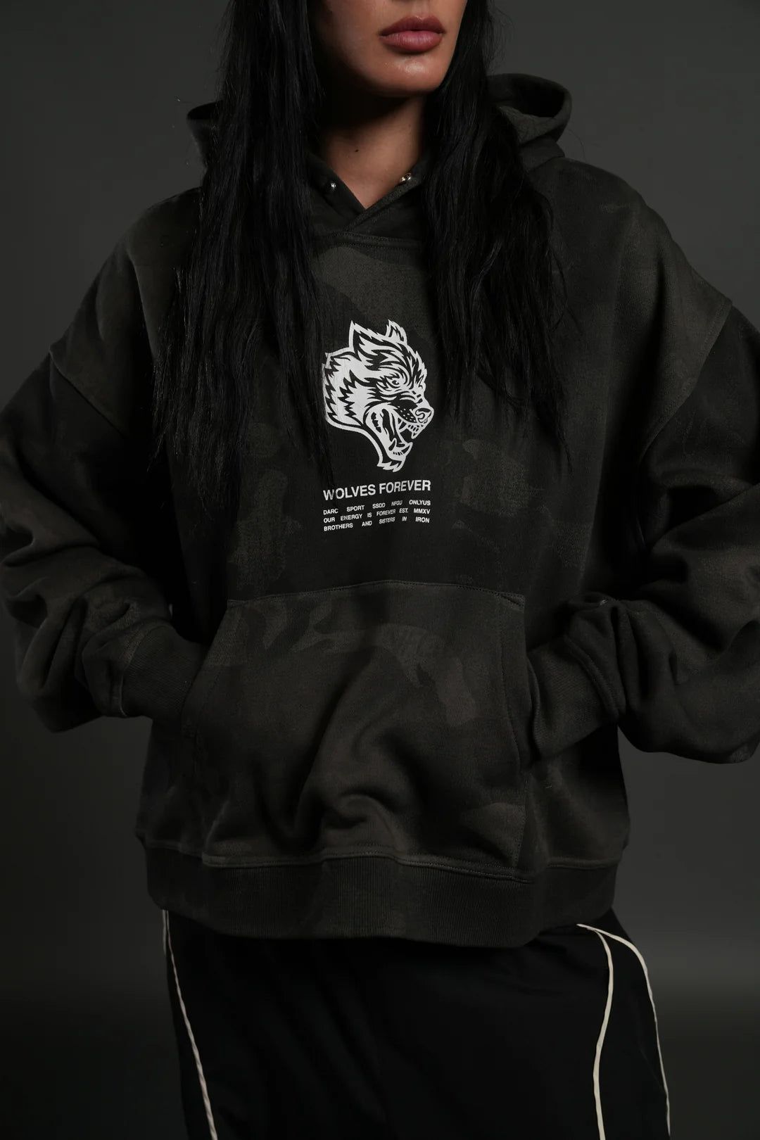 WOLVES HAVE YOUR BACK UNISEX "BOX CUT" PIERCE HOODIE IN BLACK VINTAGE WOODLAND CAMO