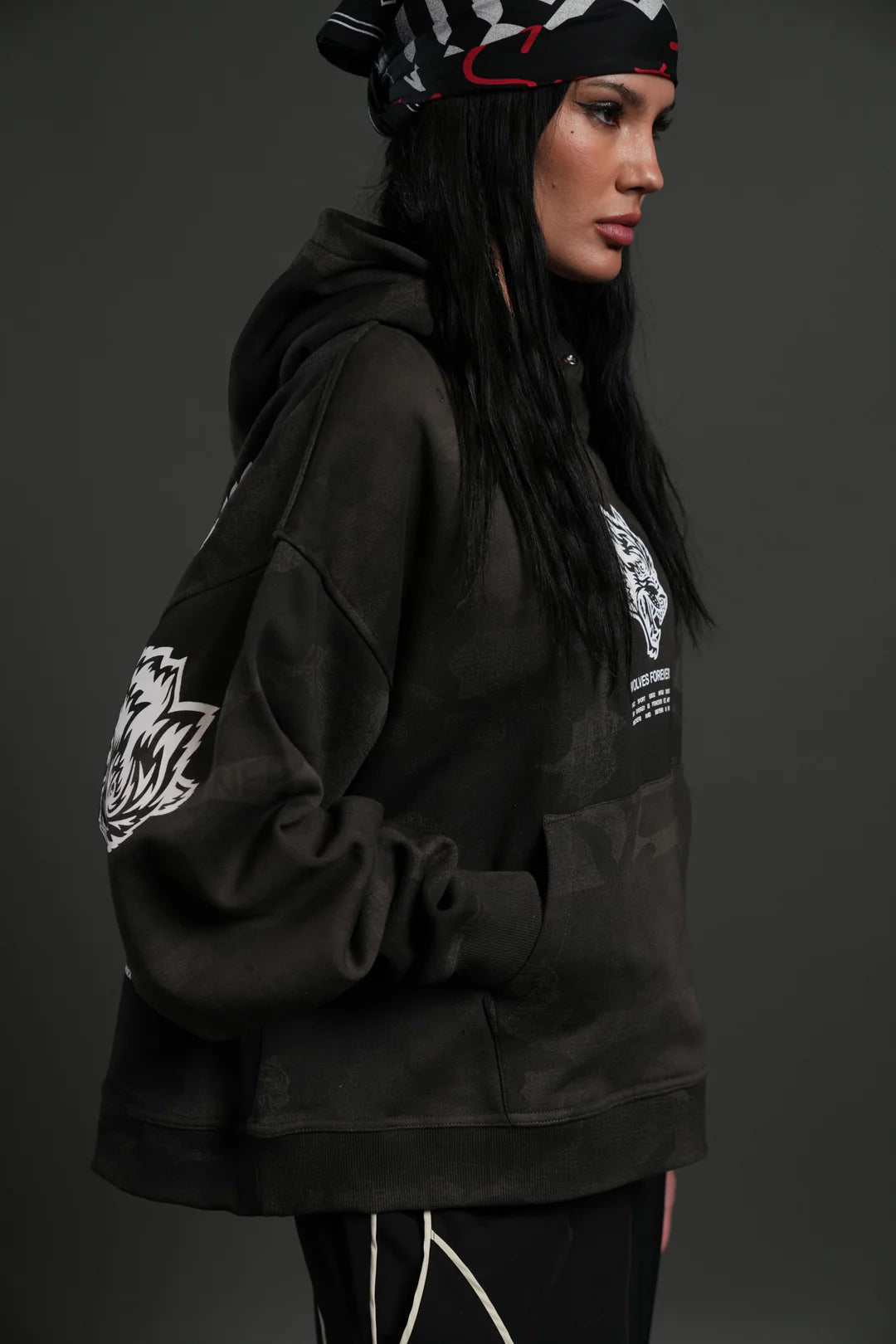 WOLVES HAVE YOUR BACK UNISEX "BOX CUT" PIERCE HOODIE IN BLACK VINTAGE WOODLAND CAMO