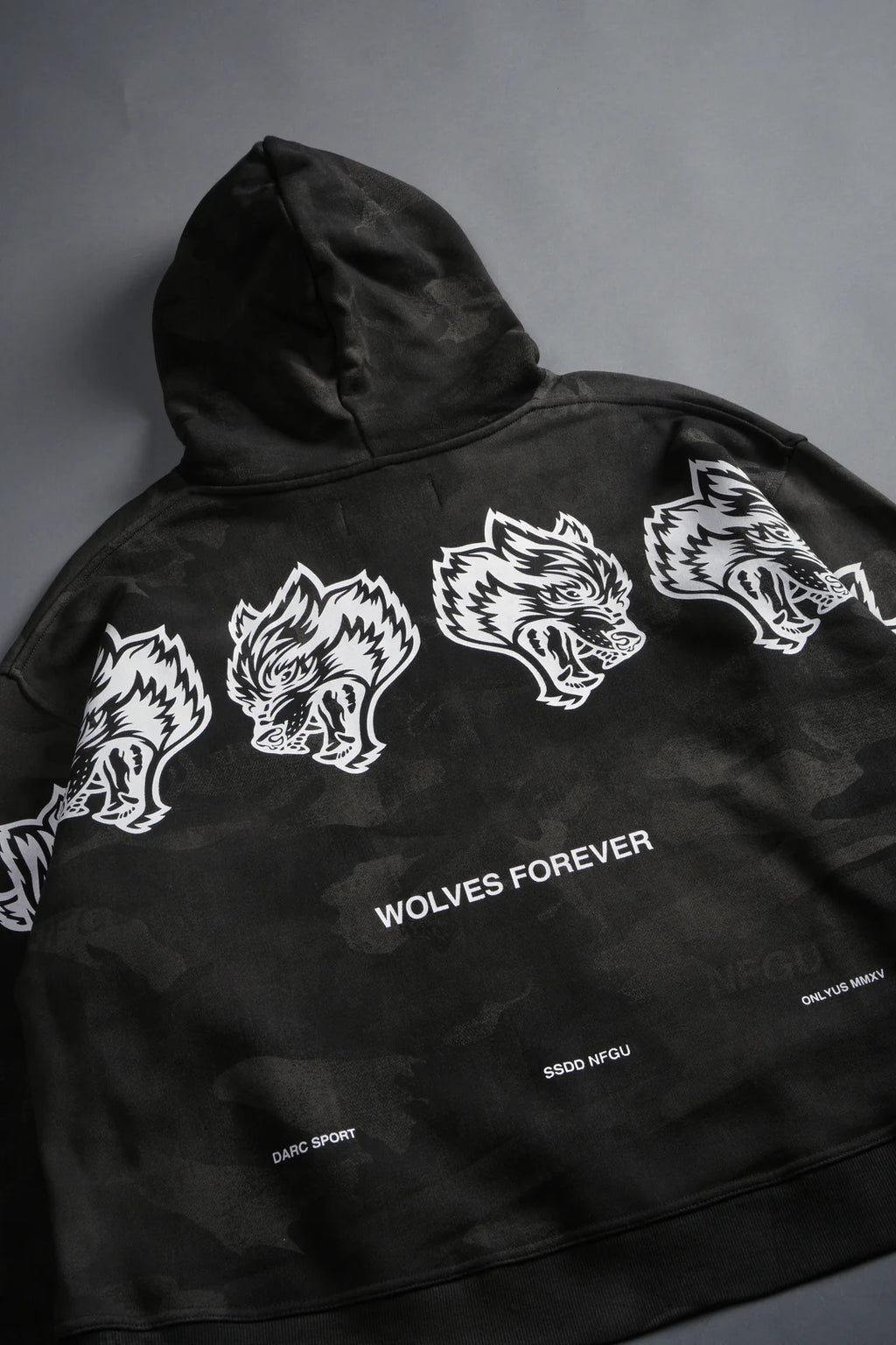 WOLVES HAVE YOUR BACK UNISEX "BOX CUT" PIERCE HOODIE IN BLACK VINTAGE WOODLAND CAMO