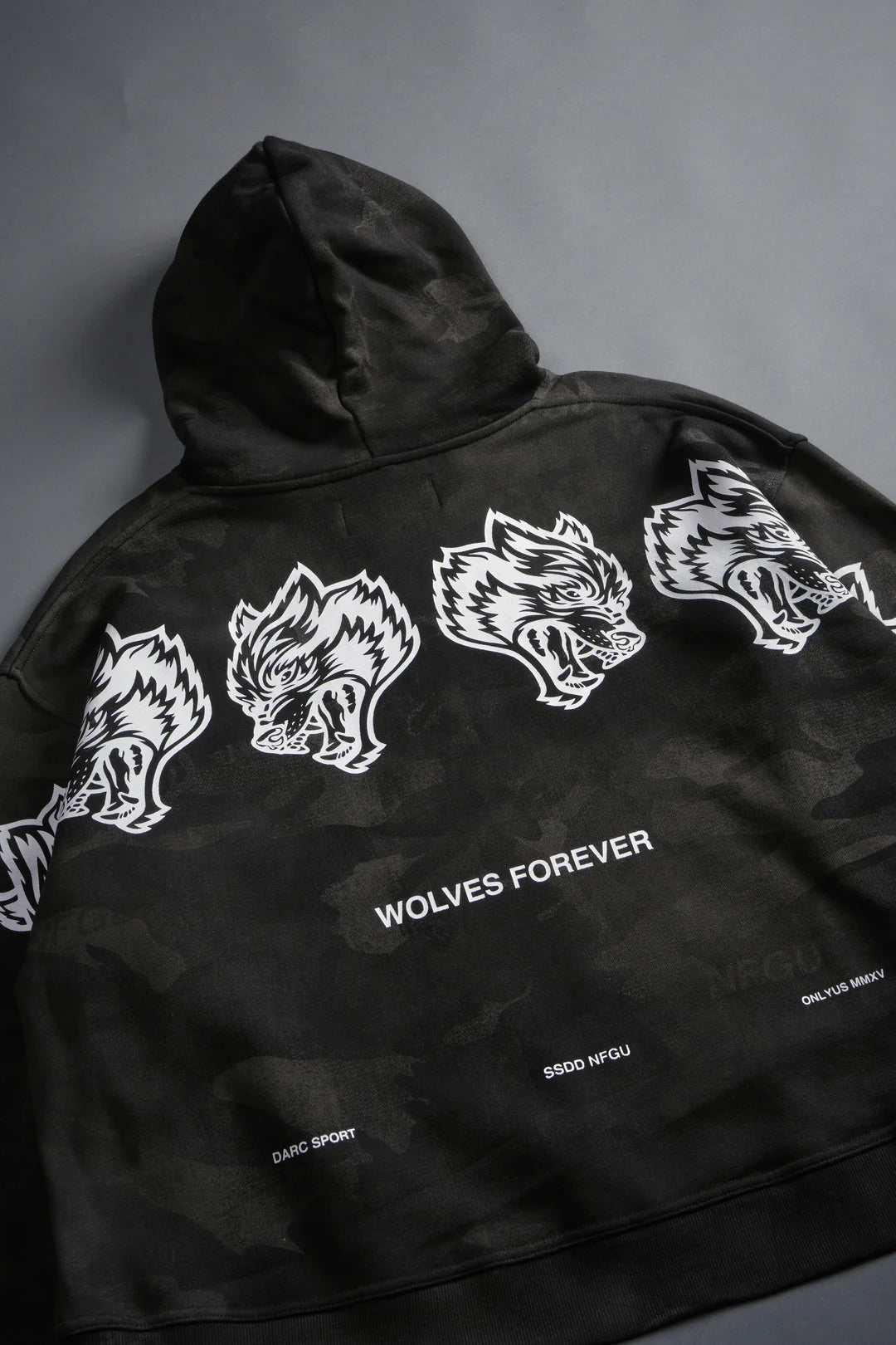 WOLVES HAVE YOUR BACK UNISEX "BOX CUT" PIERCE HOODIE IN BLACK VINTAGE WOODLAND CAMO