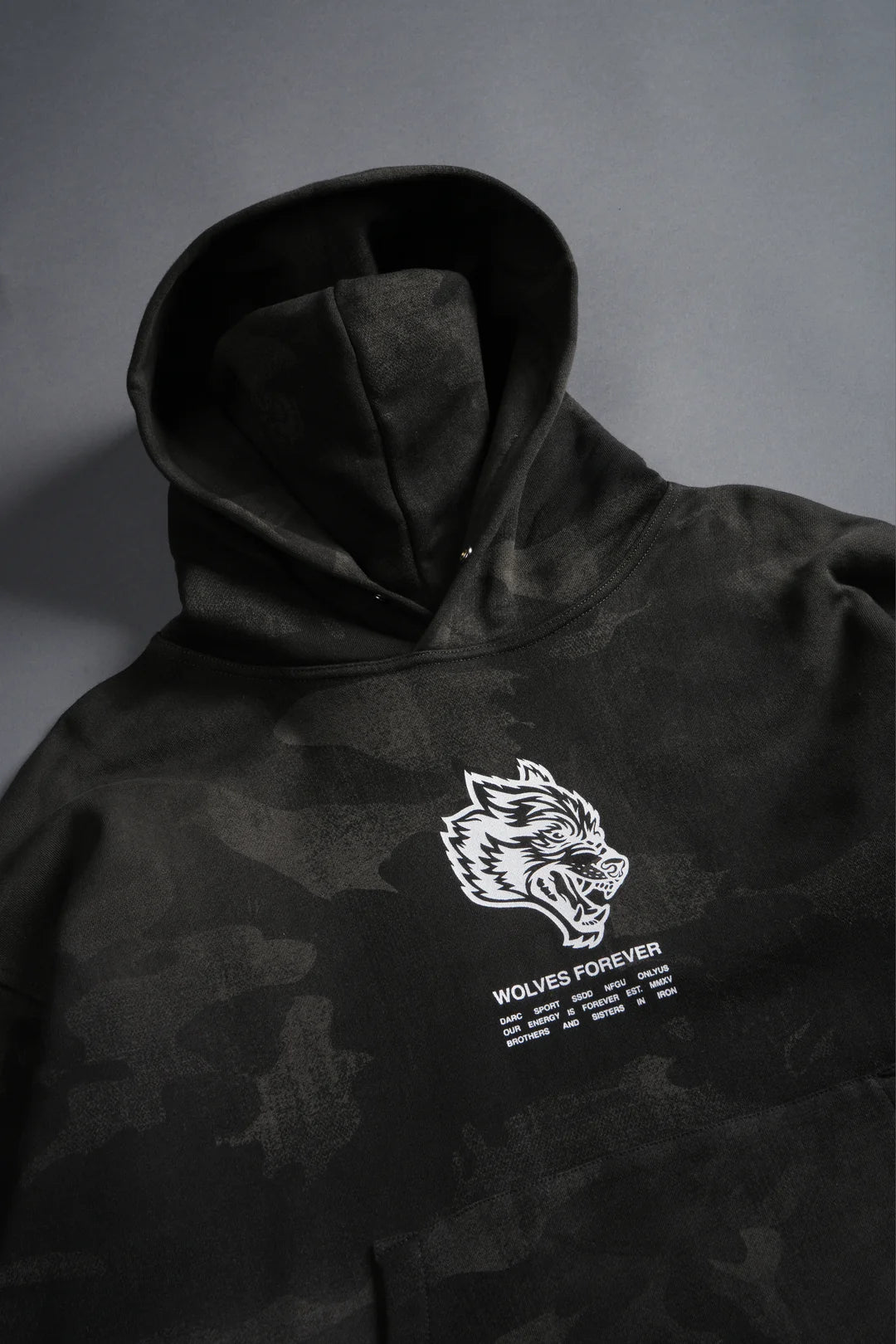 WOLVES HAVE YOUR BACK UNISEX "BOX CUT" PIERCE HOODIE IN BLACK VINTAGE WOODLAND CAMO