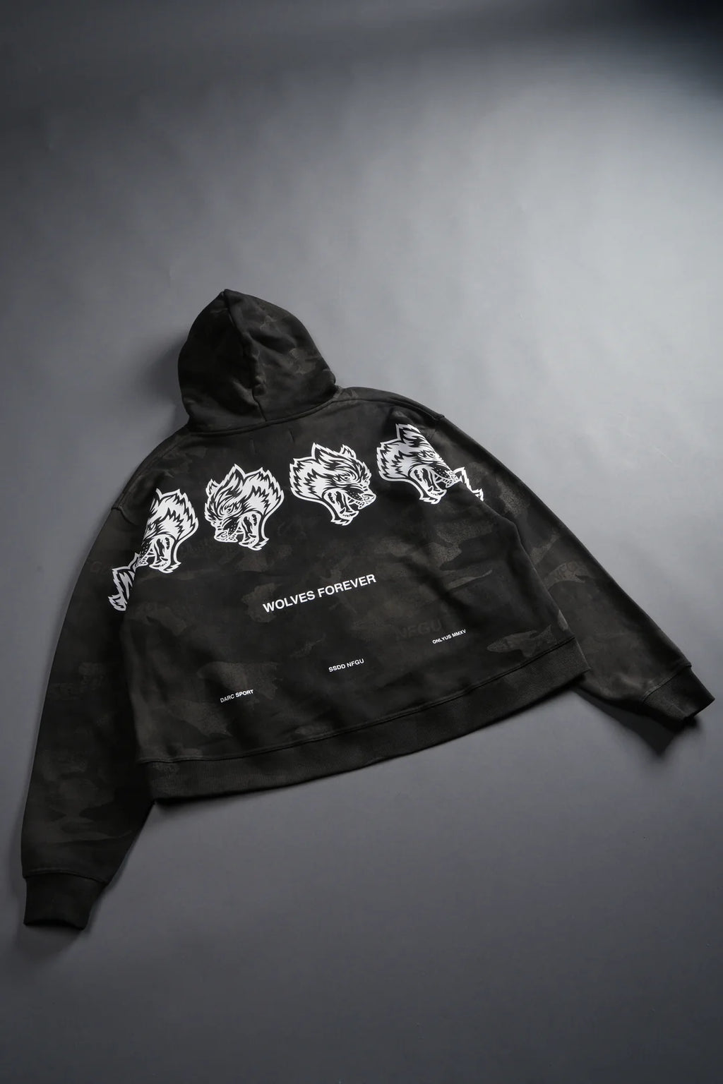 WOLVES HAVE YOUR BACK UNISEX "BOX CUT" PIERCE HOODIE IN BLACK VINTAGE WOODLAND CAMO