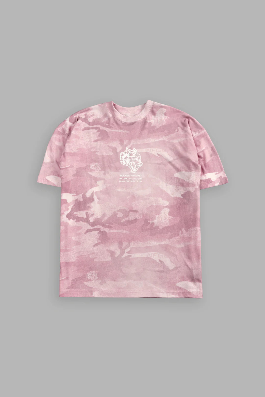 WOLVES HAVE YOUR BACK UNISEX "PREMIUM" OVERSIZED TEE IN BLUSH VINTAGE WOODLAND CAMO