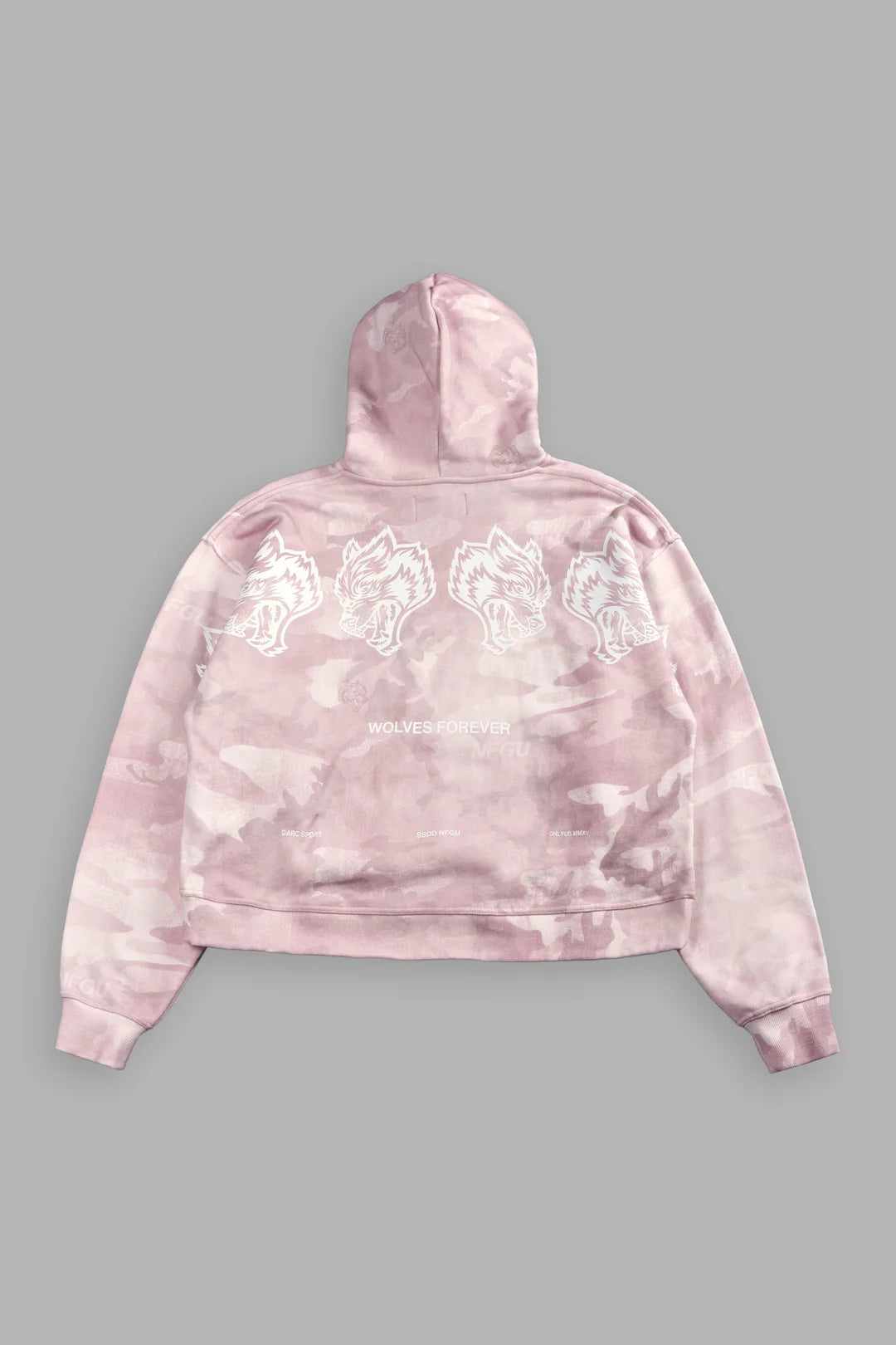 WOLVES HAVE YOUR BACK UNISEX "BOX CUT" PIERCE HOODIE IN BLUSH VINTAGE WOODLAND CAMO