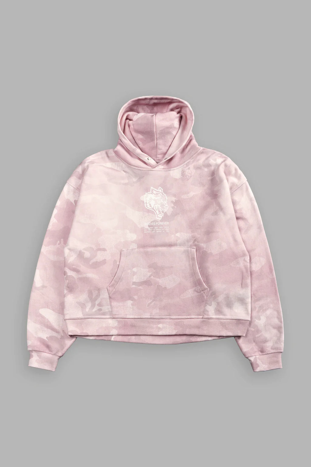 WOLVES HAVE YOUR BACK UNISEX "BOX CUT" PIERCE HOODIE IN BLUSH VINTAGE WOODLAND CAMO